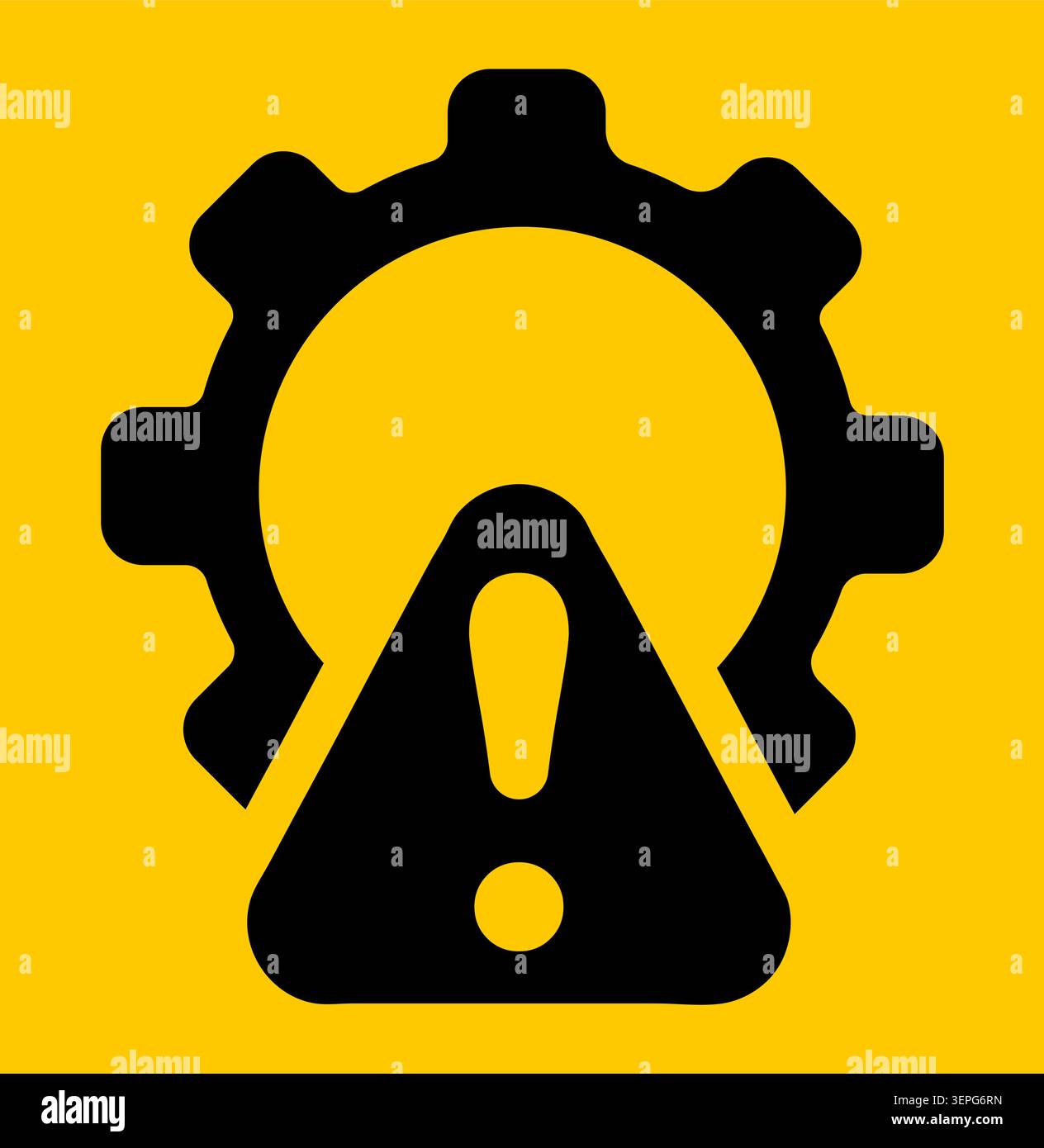 Gear with warning triangle icon, flat graphic, black yellow Stock Vector
