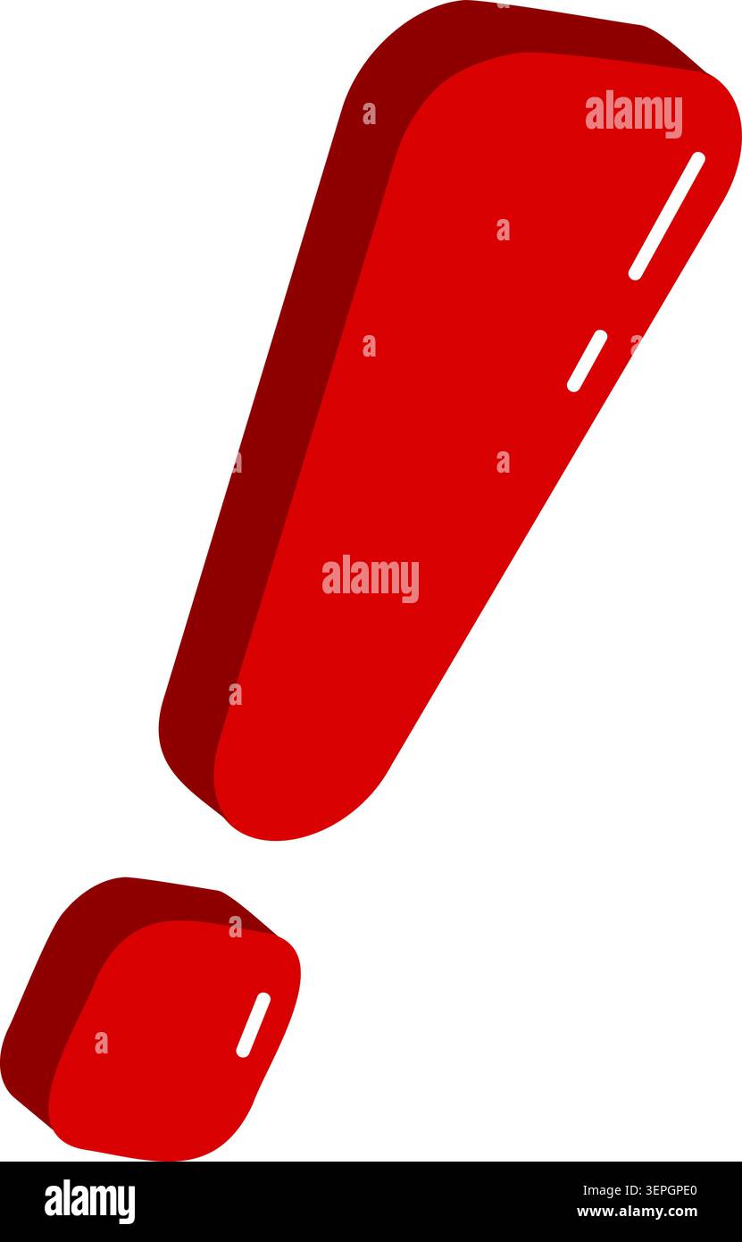 Red three dimensional exclamation mark icon, glossy style Stock Vector