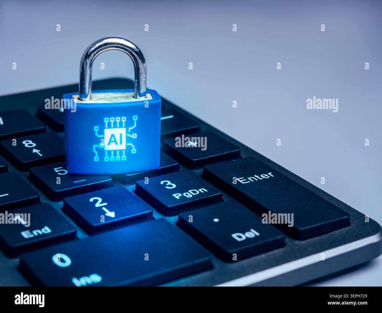 AI cybersecurity and data protection concept featuring secure AI system lock on computer keyboard. AI security, digital privacy, encrypted data protec Stock Photo