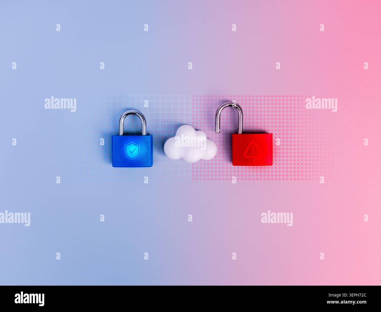 Cybersecurity and secure cloud infrastructure concept showing protected and vulnerable cloud systems. Cyber resilience, cloud vulnerability, data secu Stock Photo