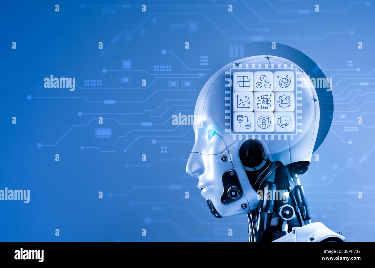 Humanoid robot with AI processor and digital interface on futuristic blue background. Artificial intelligence, machine learning, smart automation, neu Stock Photo