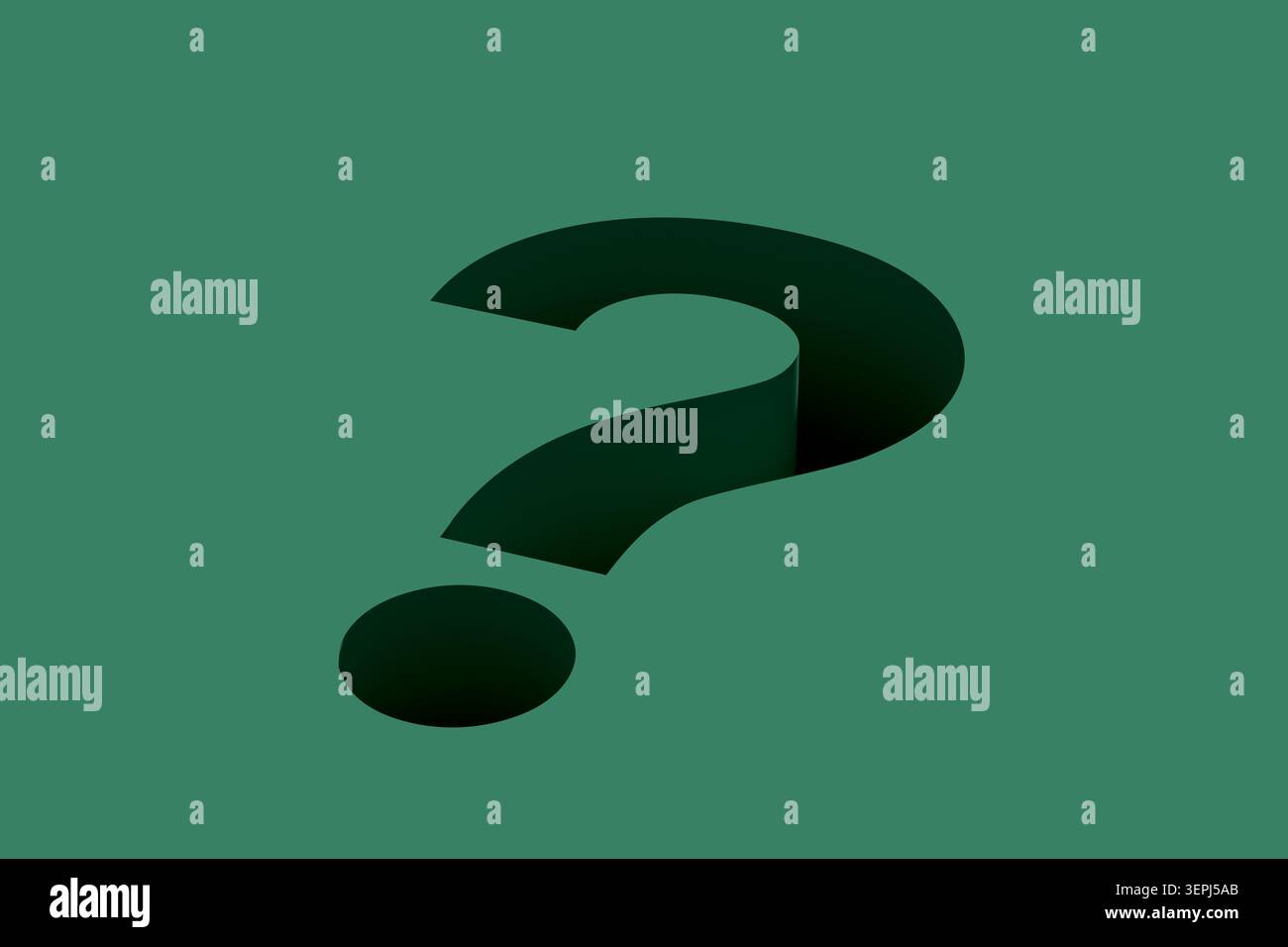 Question mark shape cut into a deep green surface, creating a void representing mystery and seeking information Stock Photo