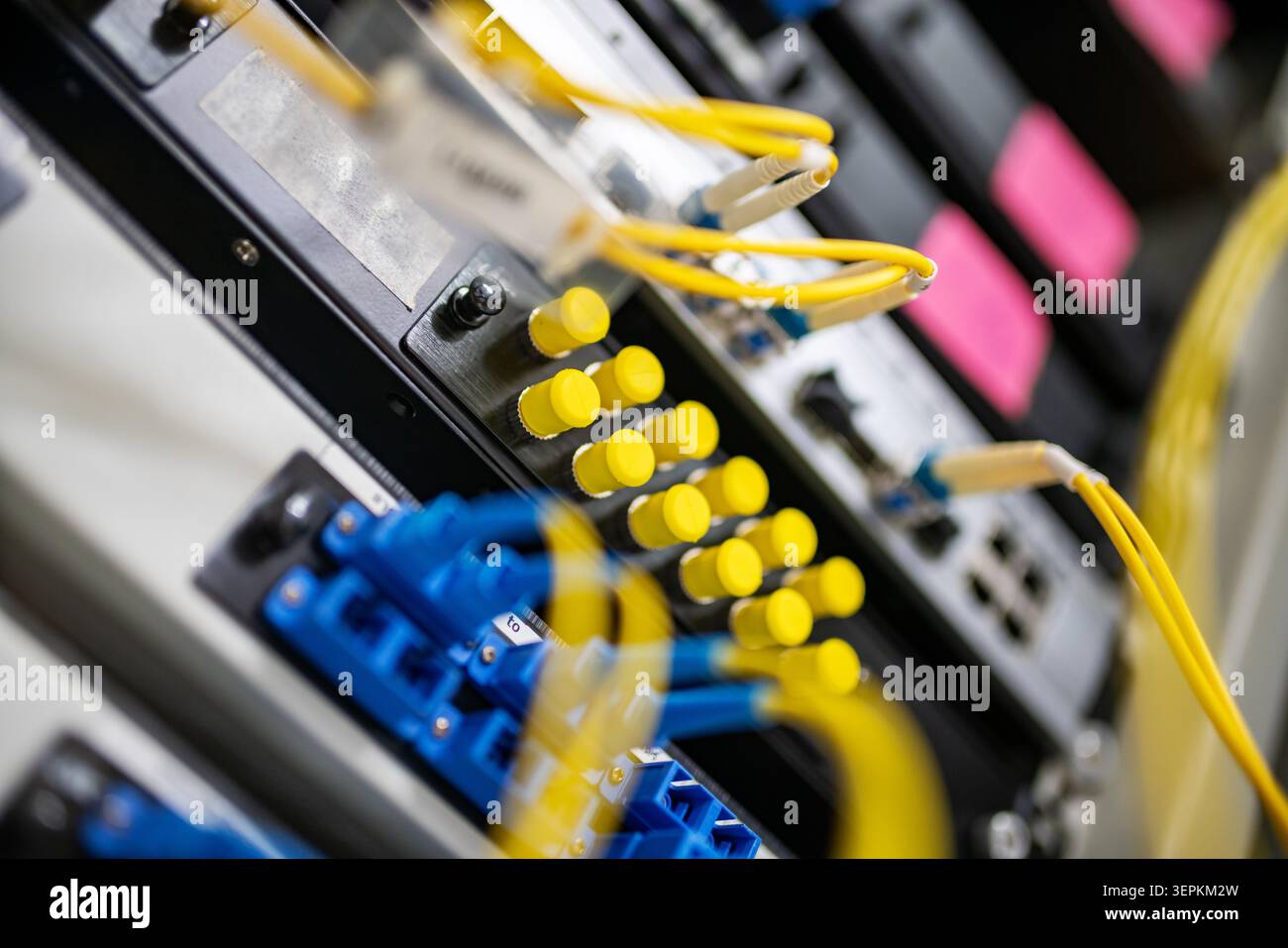 Fiber patch panel with connected optical cables in a server rack data center Stock Photo