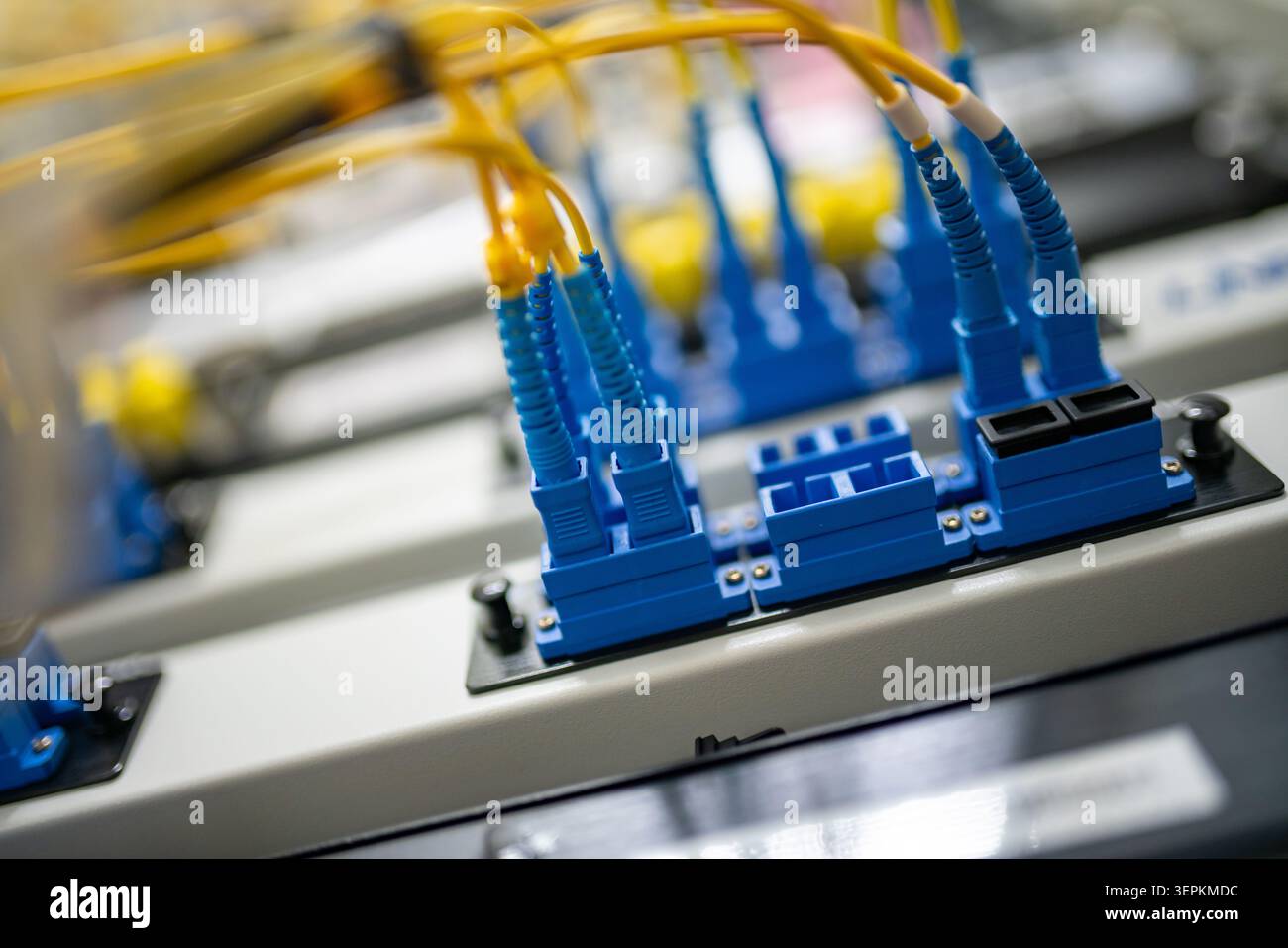 Fiber patch panel with connected optical cables in a server rack data center Stock Photo