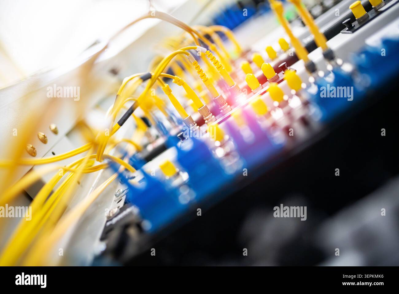 Fiber patch panel with connected optical cables in a server rack data center Stock Photo