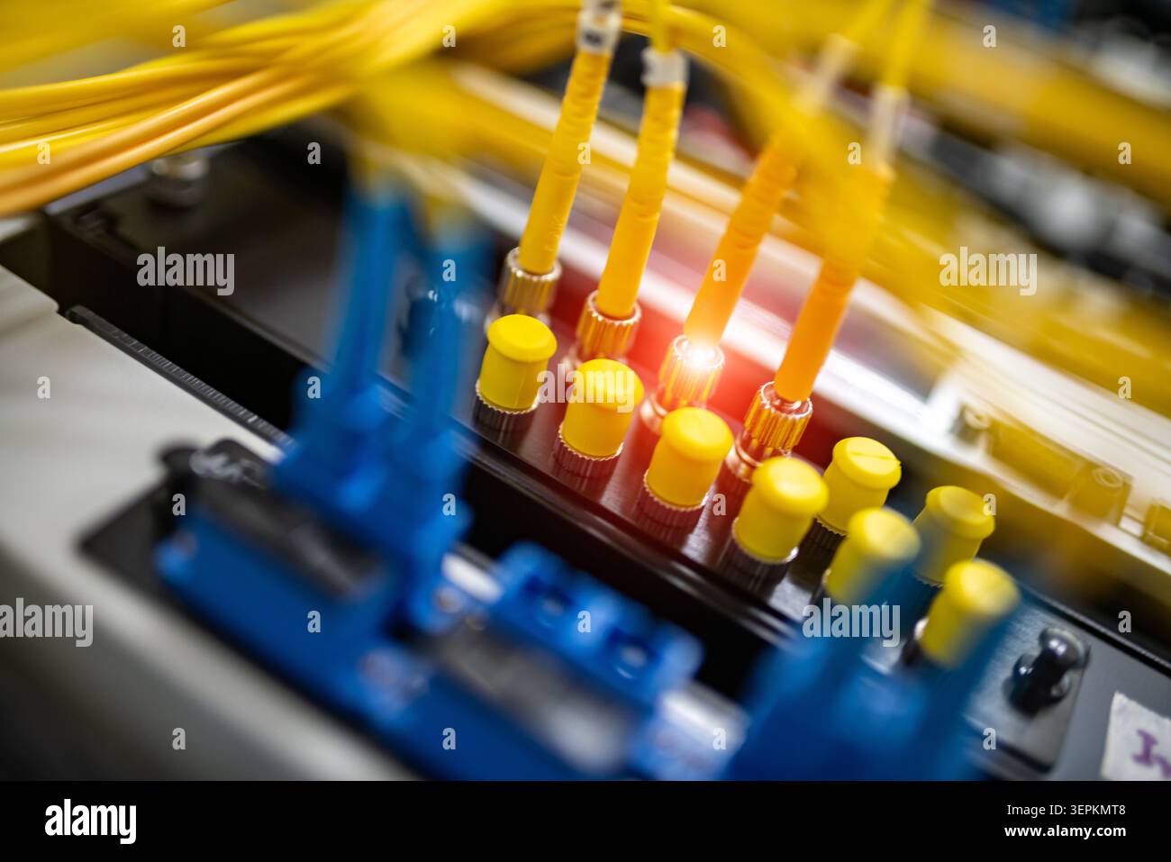 Fiber patch panel with connected optical cables in a server rack data center Stock Photo