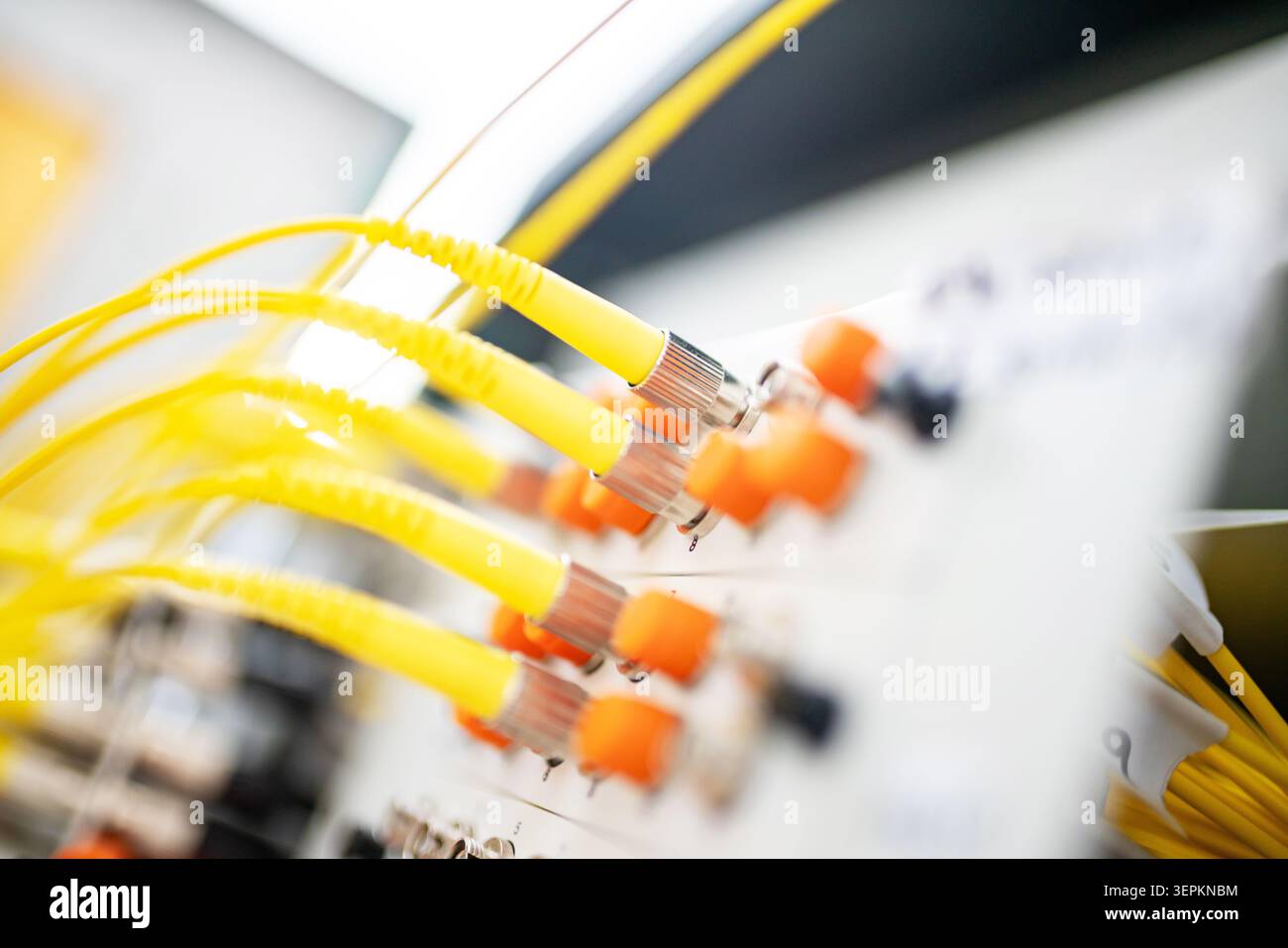 Fiber patch panel with connected optical cables in a server rack data center Stock Photo