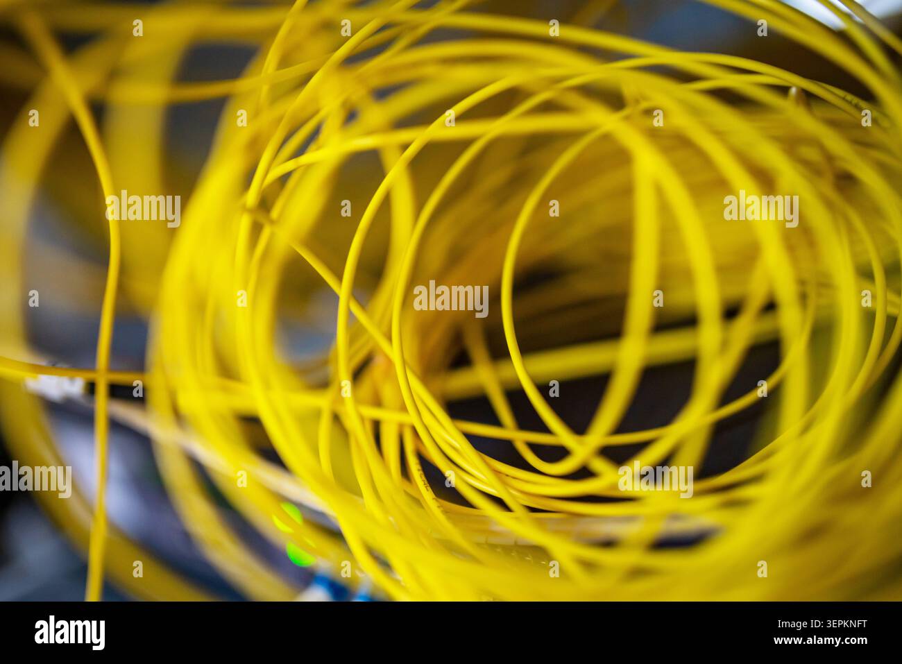 Fiber patch panel with connected optical cables in a server rack data center Stock Photo