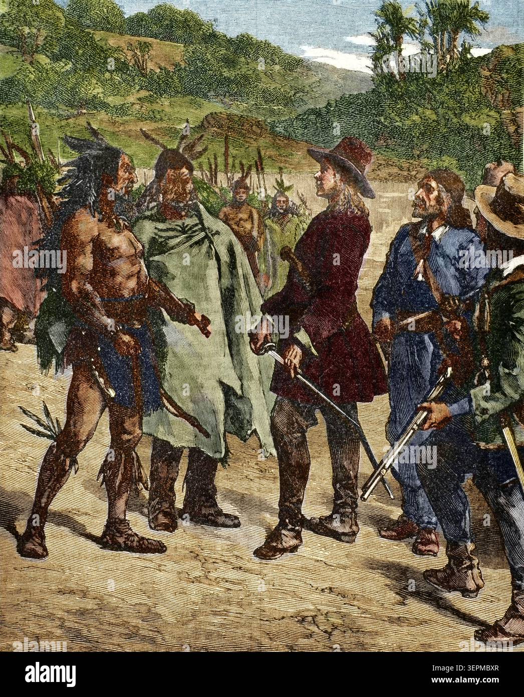 Robert Cavelier de La Salle's (1643-1687) encounter with the Native Americans. 19th-century engraving. Stock Photo