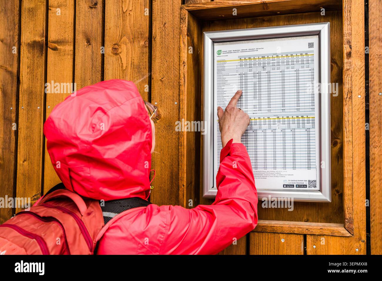 A person in a red raincoat is checking a bus timetable. The Guest Mobility Ticket issued by the Hohe Tauern National Park holiday region allows guests to use local public transport free of charge. Hollersbach, Grubing, Reitlehen, Hollersbach im Pinzgau, Bezirk Zell am See, Salzburg, 5731, Austria Stock Photo