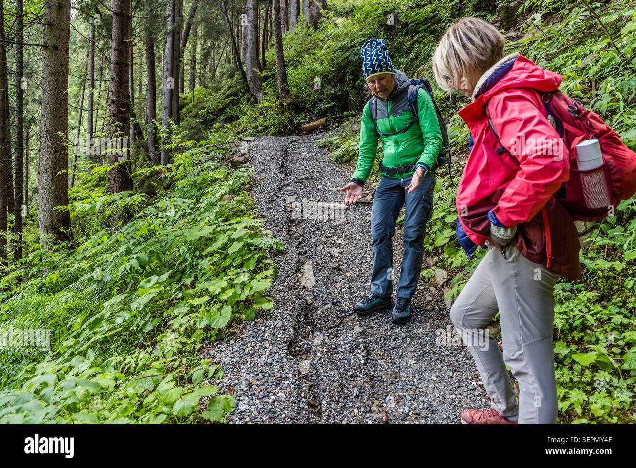A female ranger shows a hiker a gully washed out in the gravel path. Heavy rainfall can leave deep signs of erosion even on well-maintained footpaths. Sulzau, Rosental, Neukirchen am Großvenediger, Bezirk Zell am See, Salzburg, 5741, Austria Stock Photo