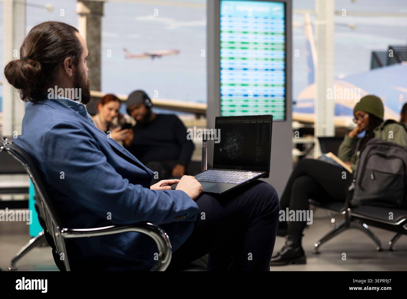 Professional using artificial intelligence and machine learning tools on computer in airport lounge, analyzing big data and algorithm performance. Business trip concept with modern workflow. Stock Photo