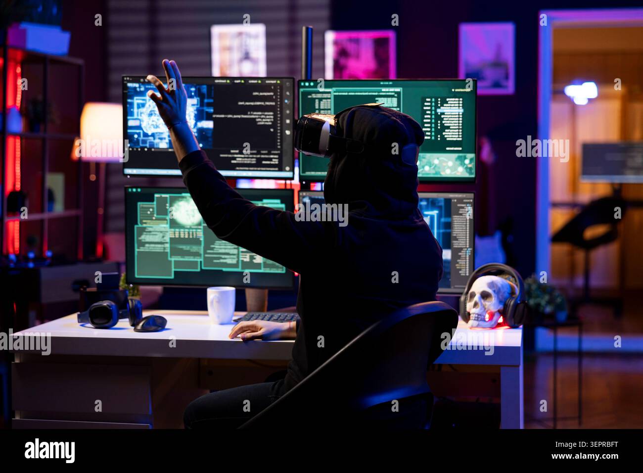 Hacker wearing VR headset uses AI machine learning to develop zero day exploit undetectable by antivirus; rogue engineer uses virtual reality and neural networks to build script doing data mining. Stock Photo