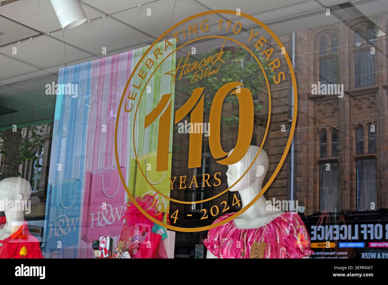 Hancock & Wood’s 110th anniversary window display in Warrington, Bridge Street photographed before the family department store’s 2026 closure Stock Photo