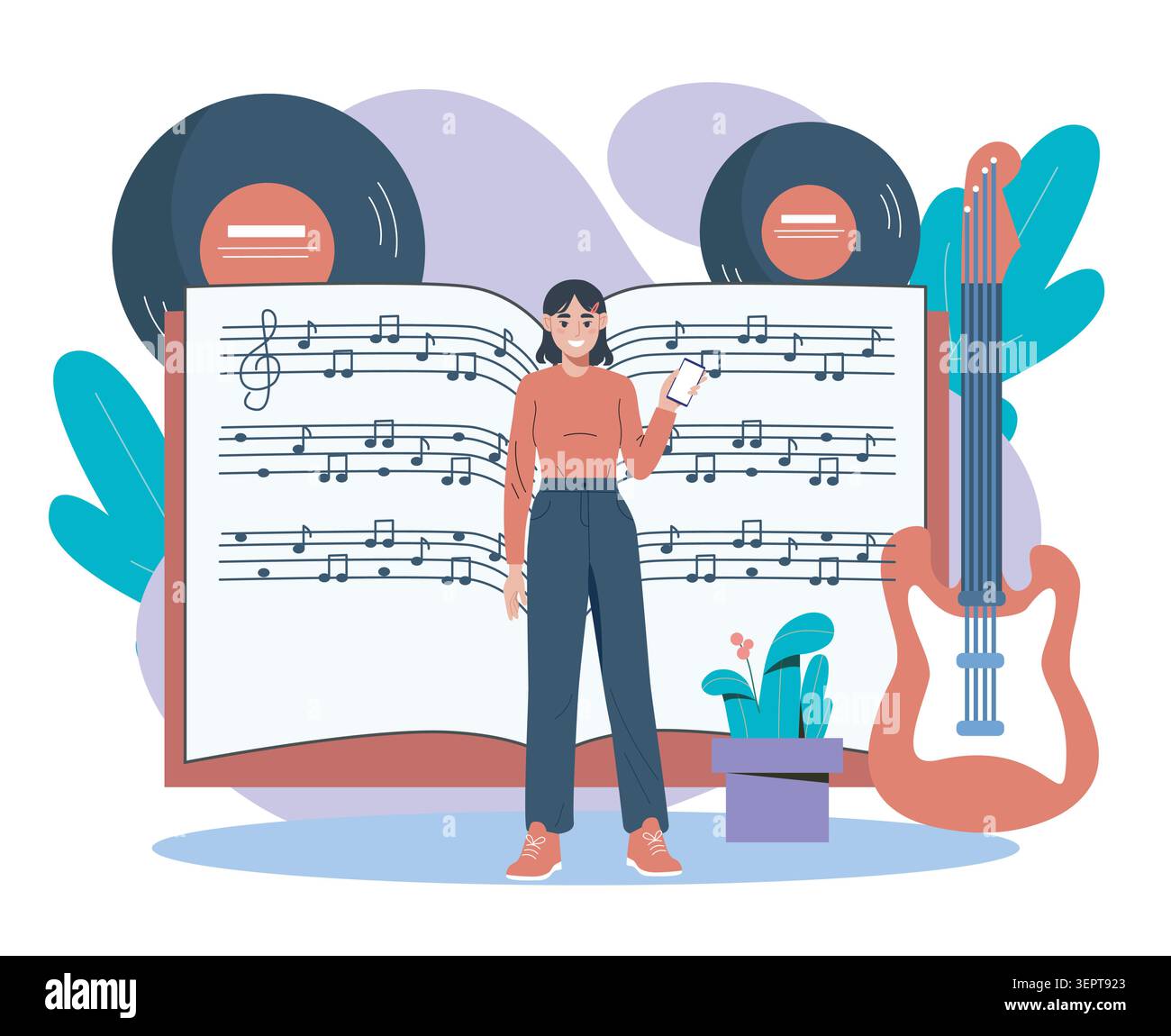 Girl with music notes scene. Vector illustration Stock Vector