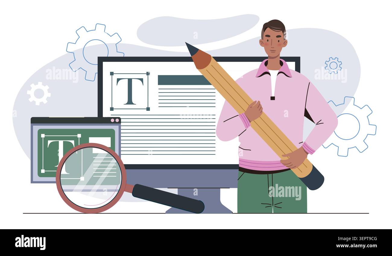 Designer with pencil near text editor. Vector illustration Stock Vector