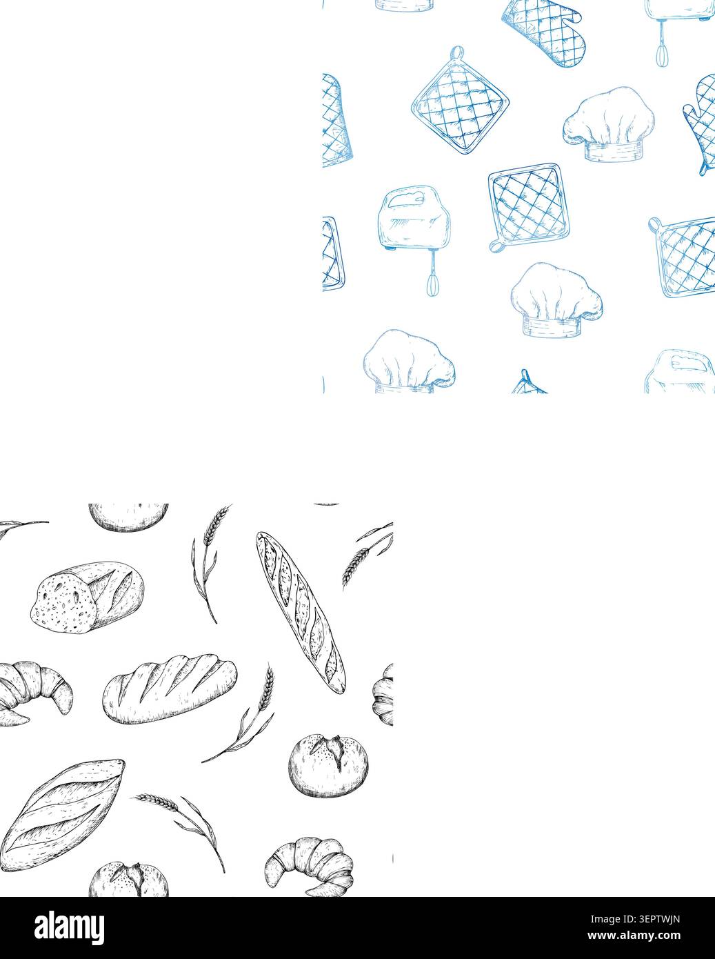 Vector seamless pattern with hand mixer, pot holders, Chef hat, Glove potholder. Graphic ink Oven Mitt, kitchen tool illustration isolated on Stock Vector