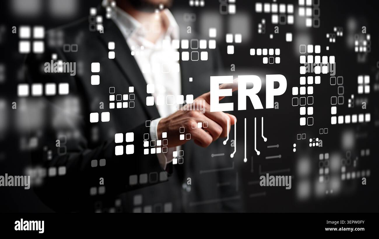 Business professional interacts with ERP system in a digital environment Stock Photo