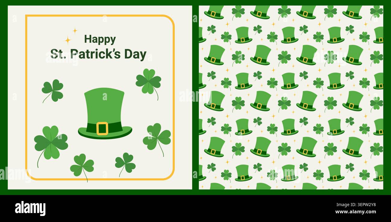 Coordinated set with greeting card template and seamless shamrock pattern in modern flat style. Great for packaging, stationery, branding systems, digital products and vector illustration collections. Stock Vector
