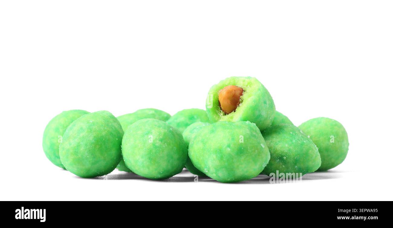 Wasabi coated crunchy peanuts on white background Stock Photo