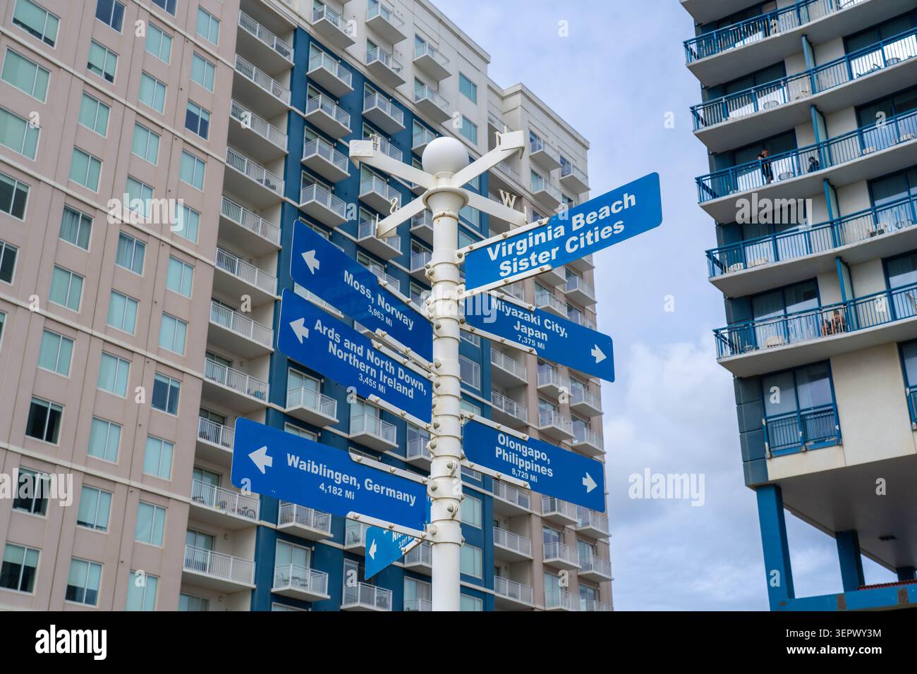 Virginia Beach Virginia - June 15 2026: Signpost with Virginia Beach Sister Cities at the Virginia Beach Oceanfront Stock Photo