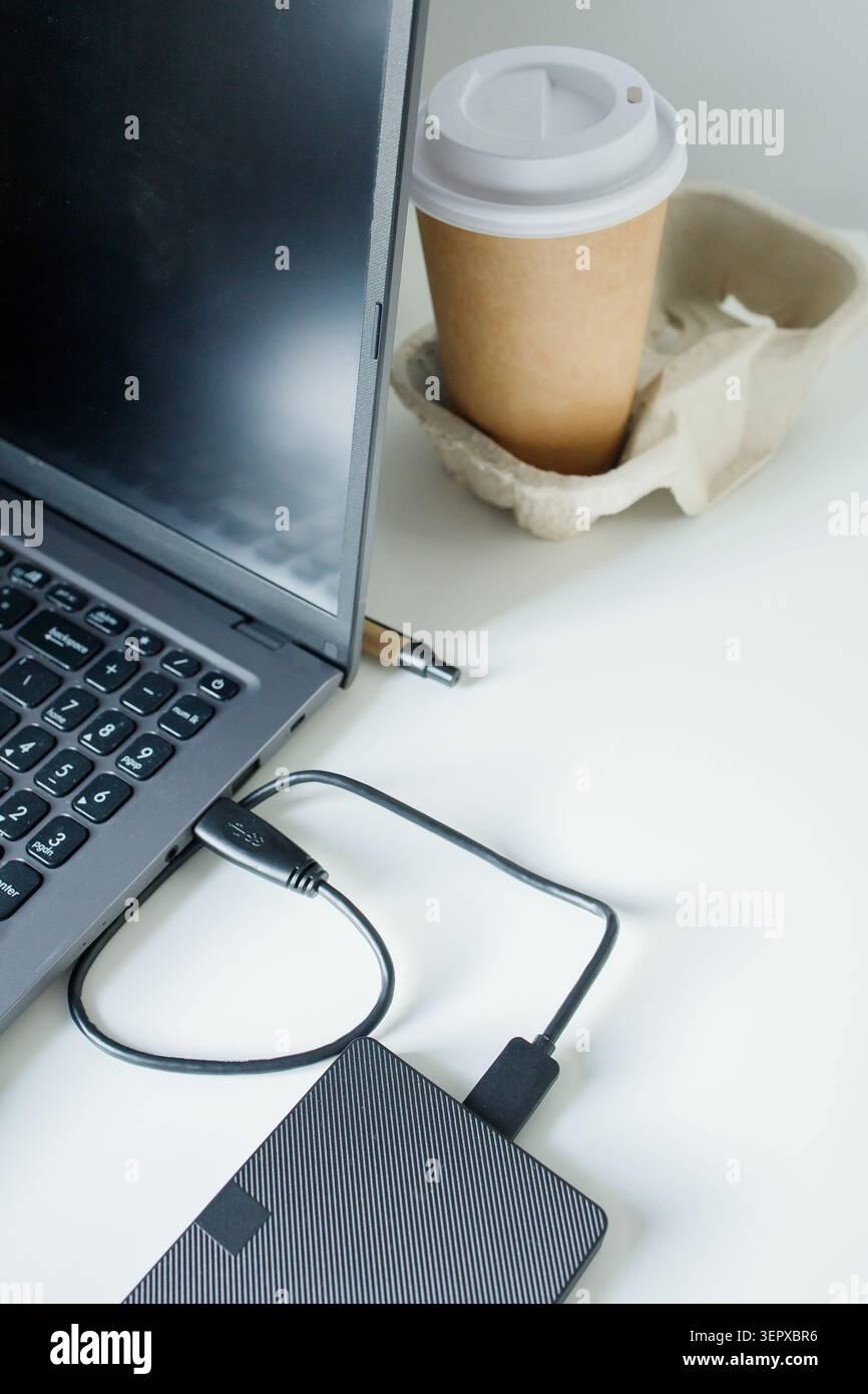 Using external hard drive disk through usb cable connection to laptop. Saving data on different sources, safe data security, computer memory unloading Stock Photo