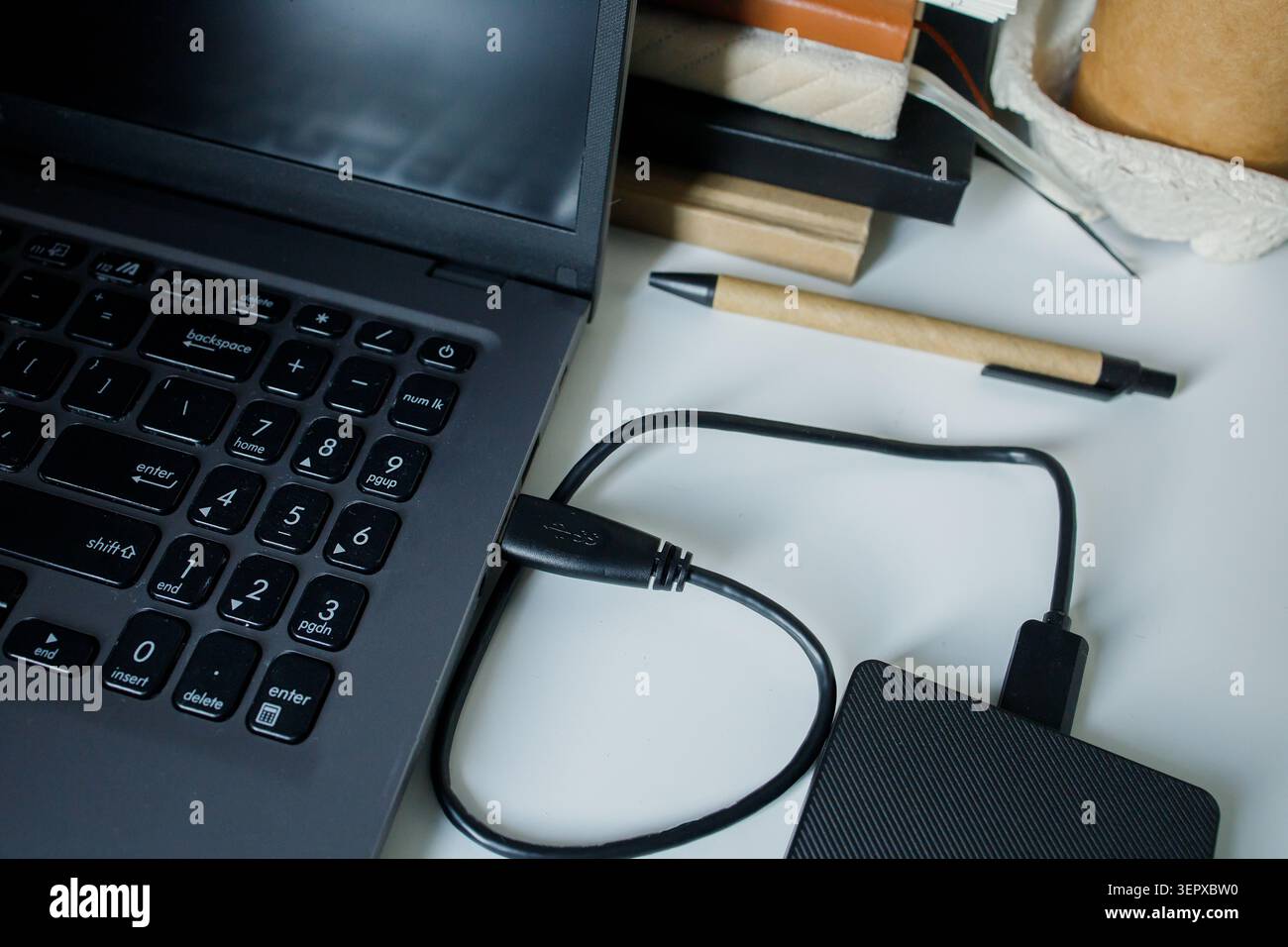 Using external hard drive disk through usb cable connection to laptop. Saving data on different sources, safe data security, computer memory unloading Stock Photo
