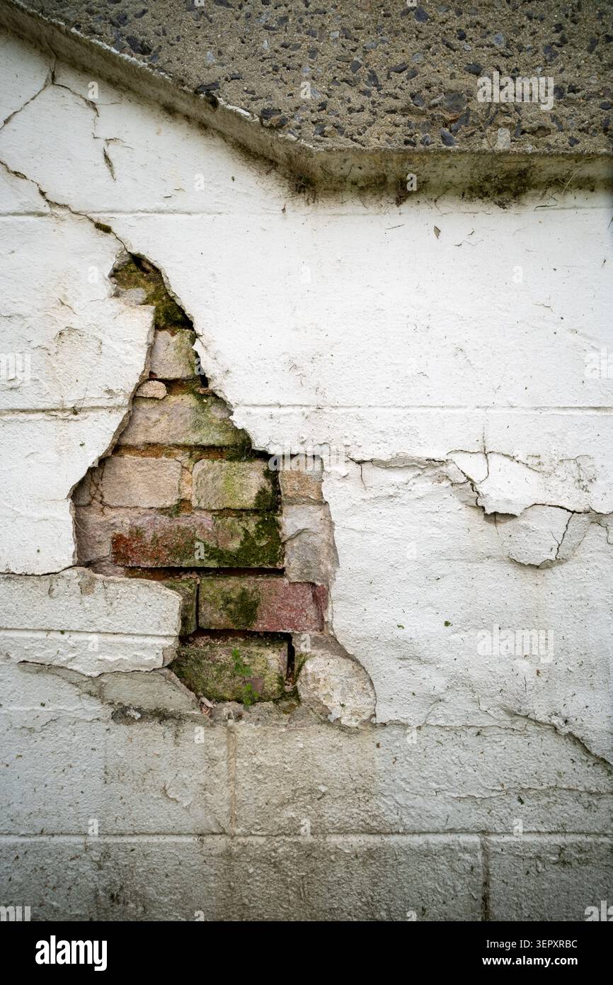 Broken stucco and worn, mossy bricks Stock Photo