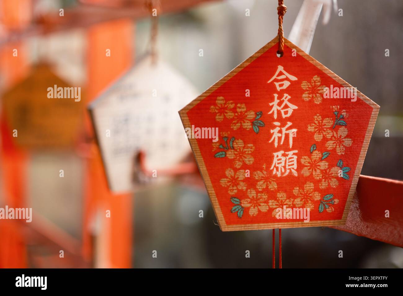Hexagonal red wooden ema prayer plaques with white characters hanging on a display wire at a Japanese shrine, Kyoto, Japan Stock Photo