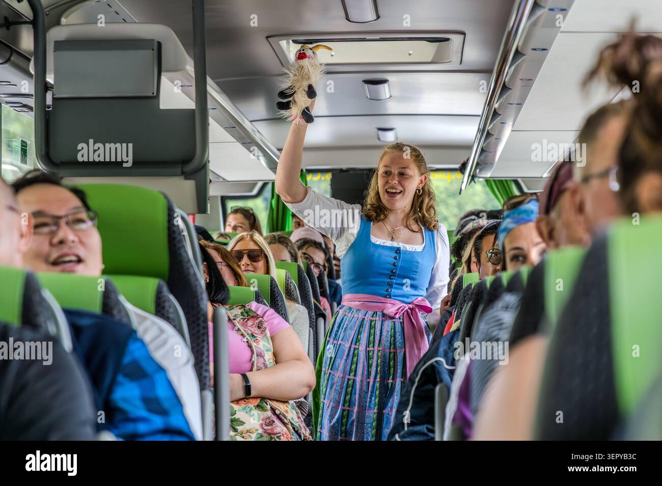 Tour guide Stephanie Hinterbuchner in a dirndl holds up Goatherd, a soft toy goat, whilst passengers in the packed coach laugh and react as they travel through the Salzkammergut. Photograph taken on Wolfgangseestraße heading towards Sankt Gilgen, Salzburg, Austria Stock Photo