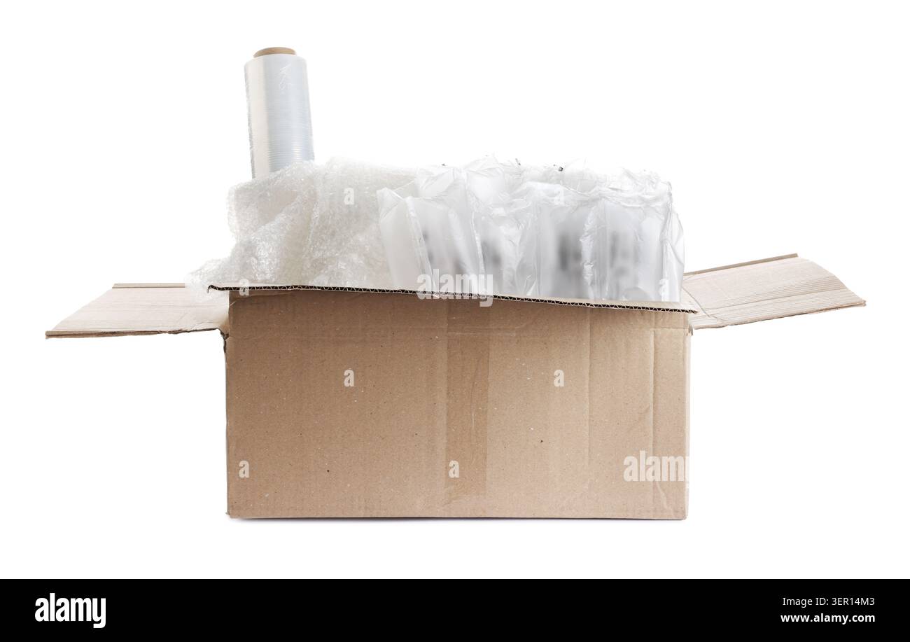 Packaging materials in cardboard box isolated on white Stock Photo