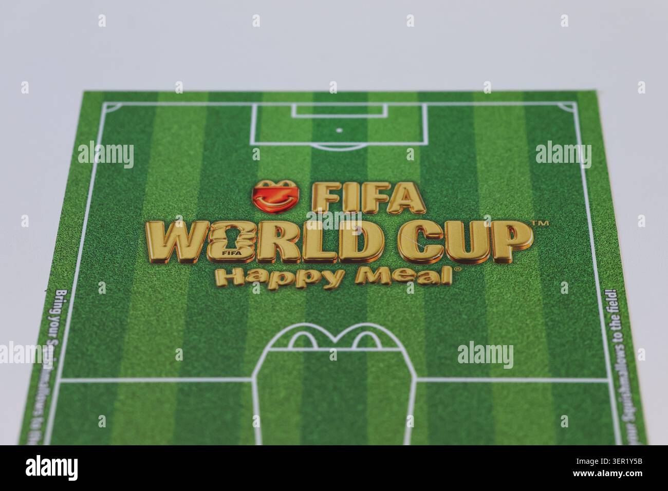 A detail view of McDonald's branding for its FIFA World Cup Happy Meal