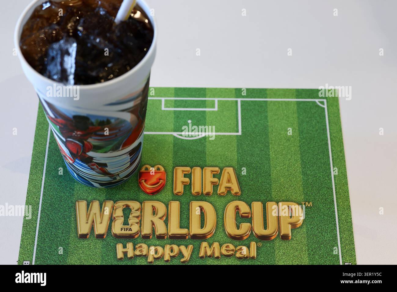 A detail view of McDonald's branding for its FIFA World Cup Happy Meal