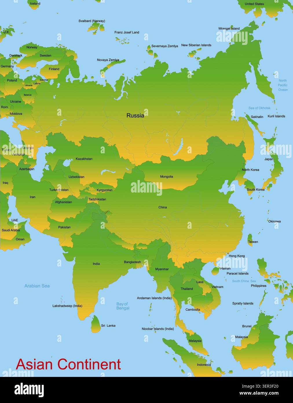 Detailed vector map of asian continent Stock Photo - Alamy