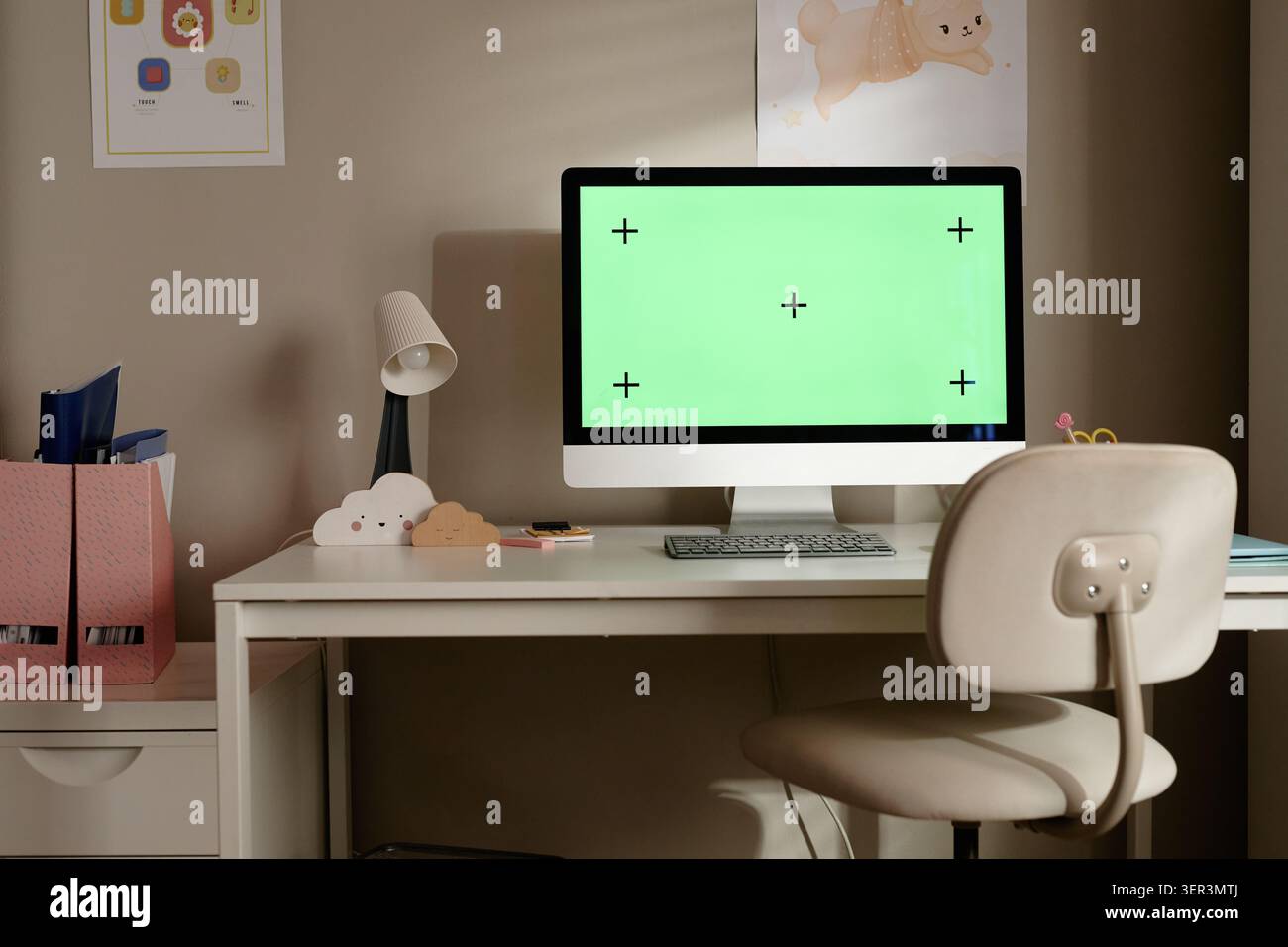 Desk Featuring Computer Mockup for Online Learning Stock Photo