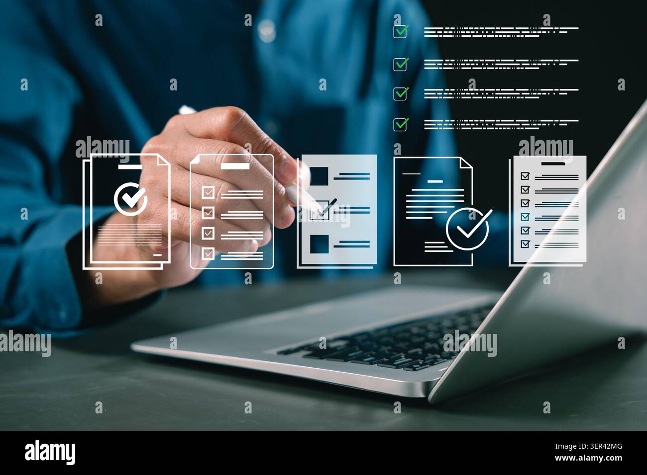 Checklist digital task management laptop document workflow online form improves productivity, while organization lets user mark completed items on vir Stock Photo
