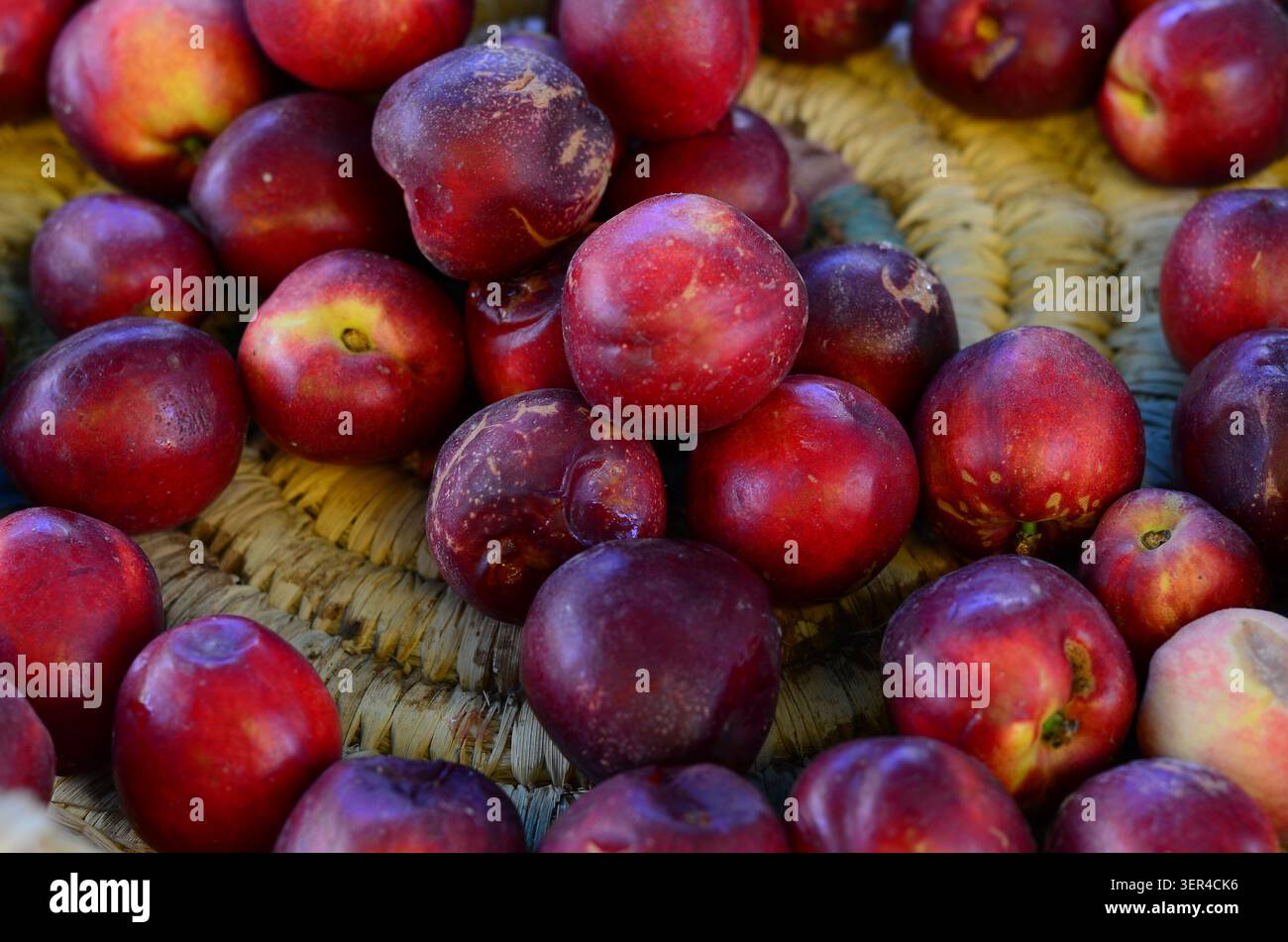 Ripe Red Nectarines in a Rustic Basket Stock Photo