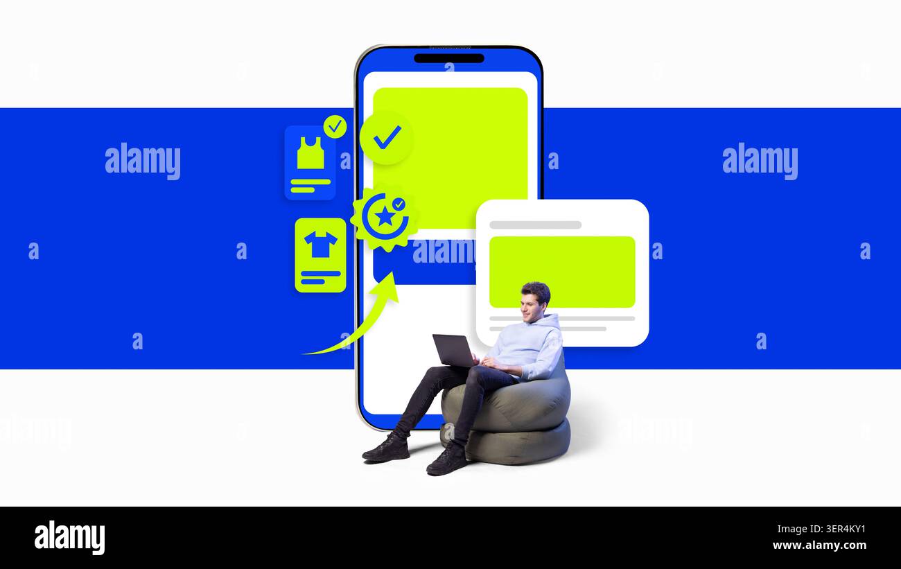 E-commerce mobile app with product cards and man using laptop. Stock Photo