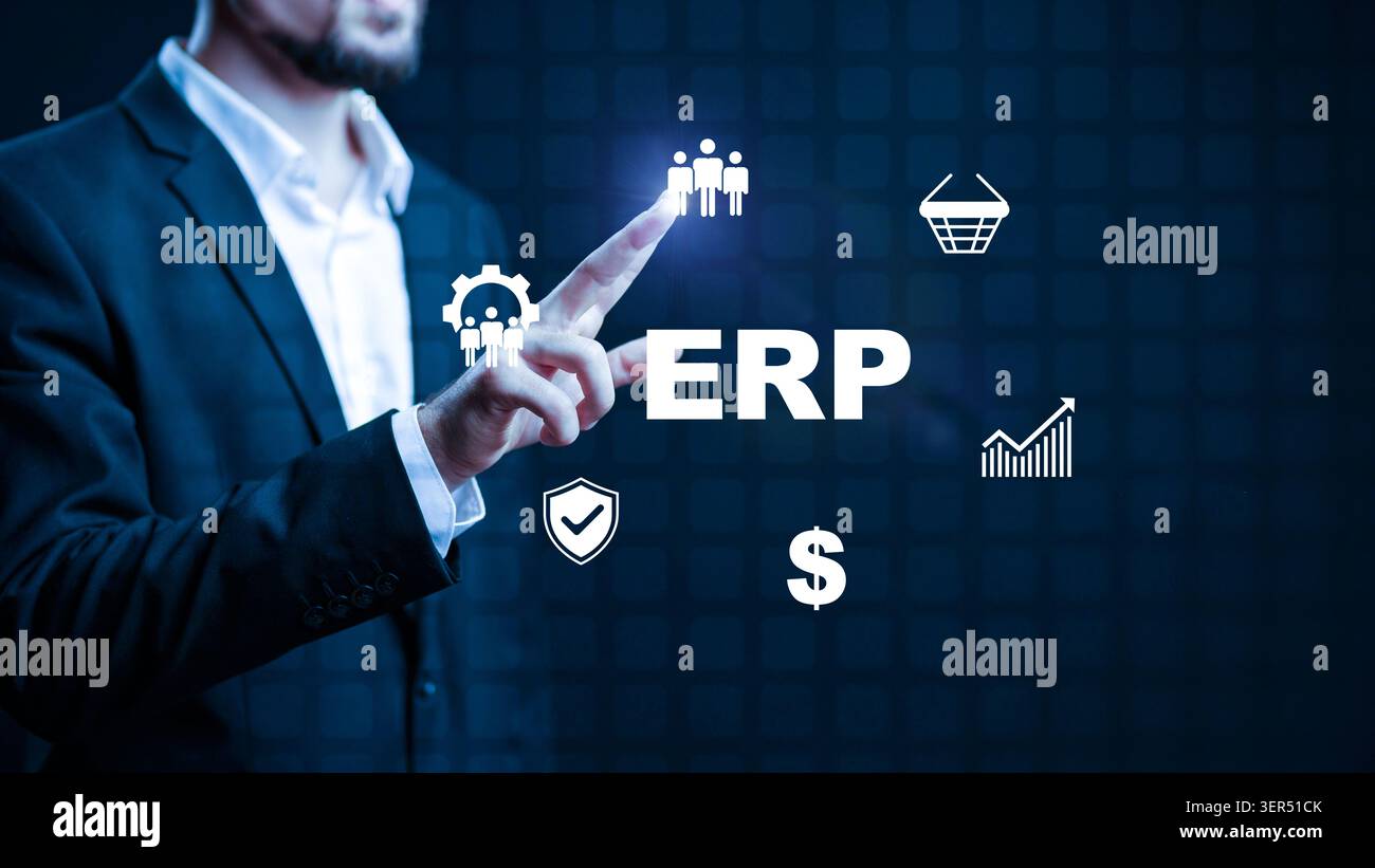 Business person interacts with ERP software using a touch screen in an office setting Stock Photo