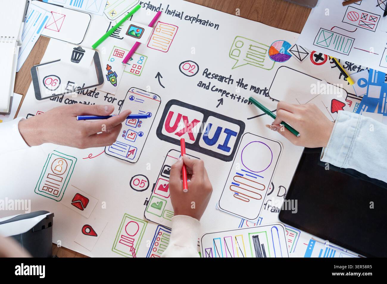 Creative team collaborating on UX UI design wireframe for mobile application Stock Photo