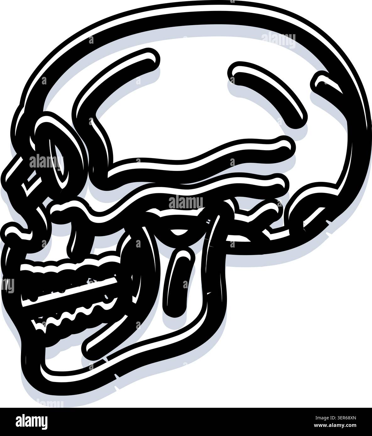 Stylized human skull presenting a side profile view, illustrated with ...