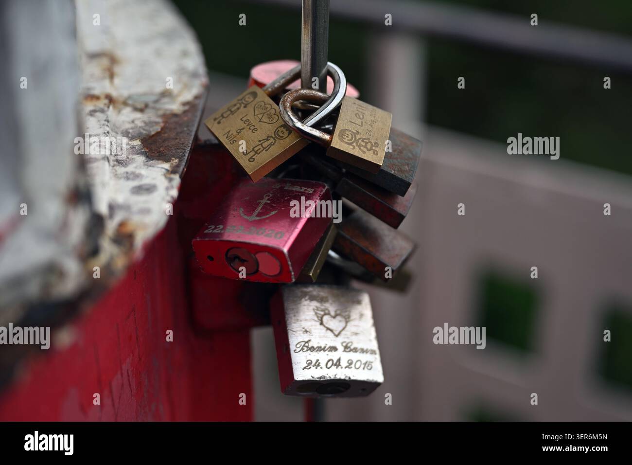 21 May 2026, Hamburg: Padlocks inscribed with declarations of love hang ...