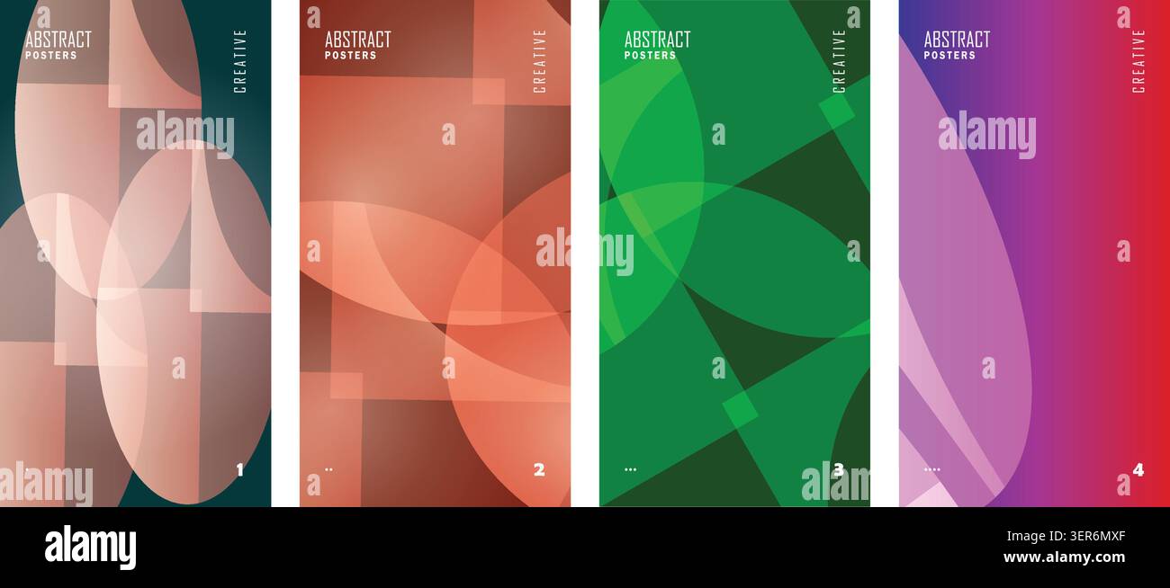 Abstract geometric poster template set with multi-colored overlapping translucent shapes. Stock Vector