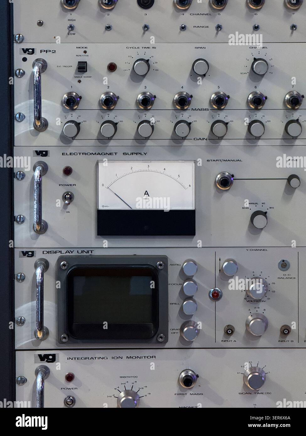 Vintage Laboratory Electronics Control Panel With Analog Meter, Knobs, Dials and Display Instrument Stock Photo
