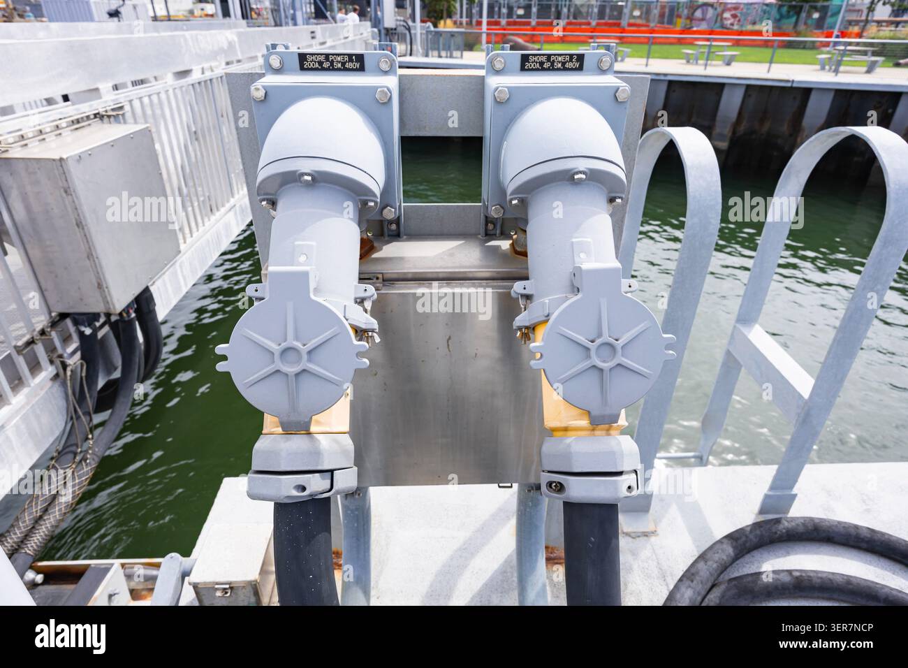 Shore Power connections with cables connected on 480 Volt. Stock Photo