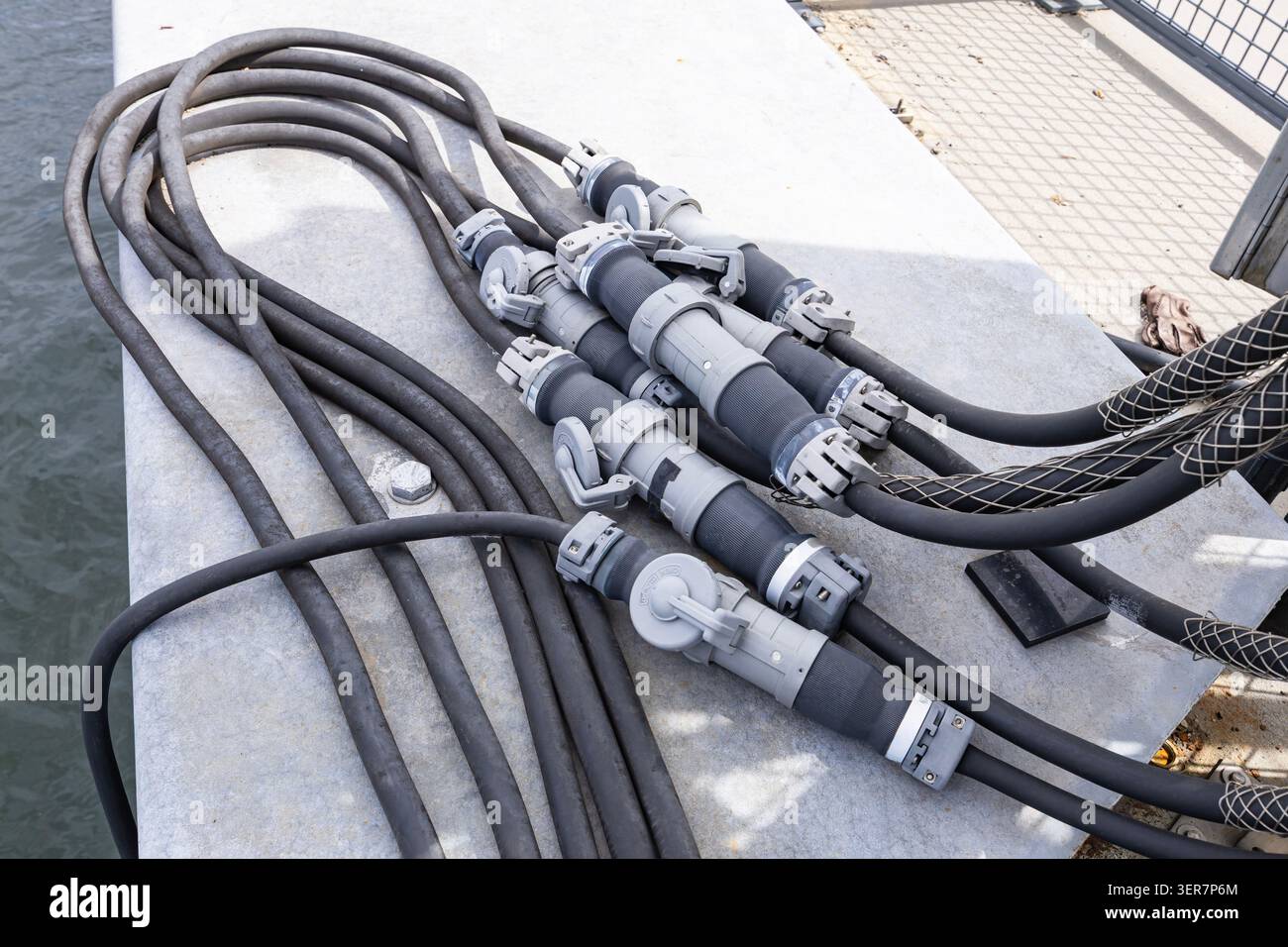 Shore Power connections with cables connected on 480 Volt. Stock Photo
