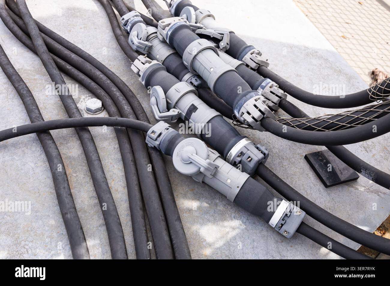 Shore Power connections with cables connected on 480 Volt. Stock Photo