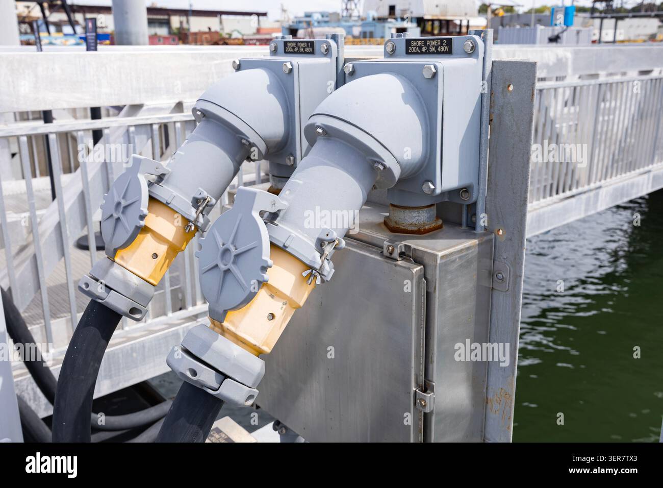 Shore Power connections with cables connected on 480 Volt. Stock Photo