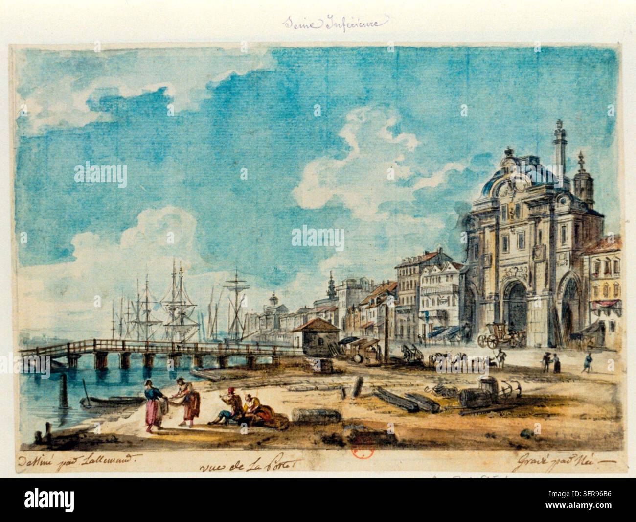 Portes Riverside Seine riverside docks scene 18th century drawing hi-res stock ...