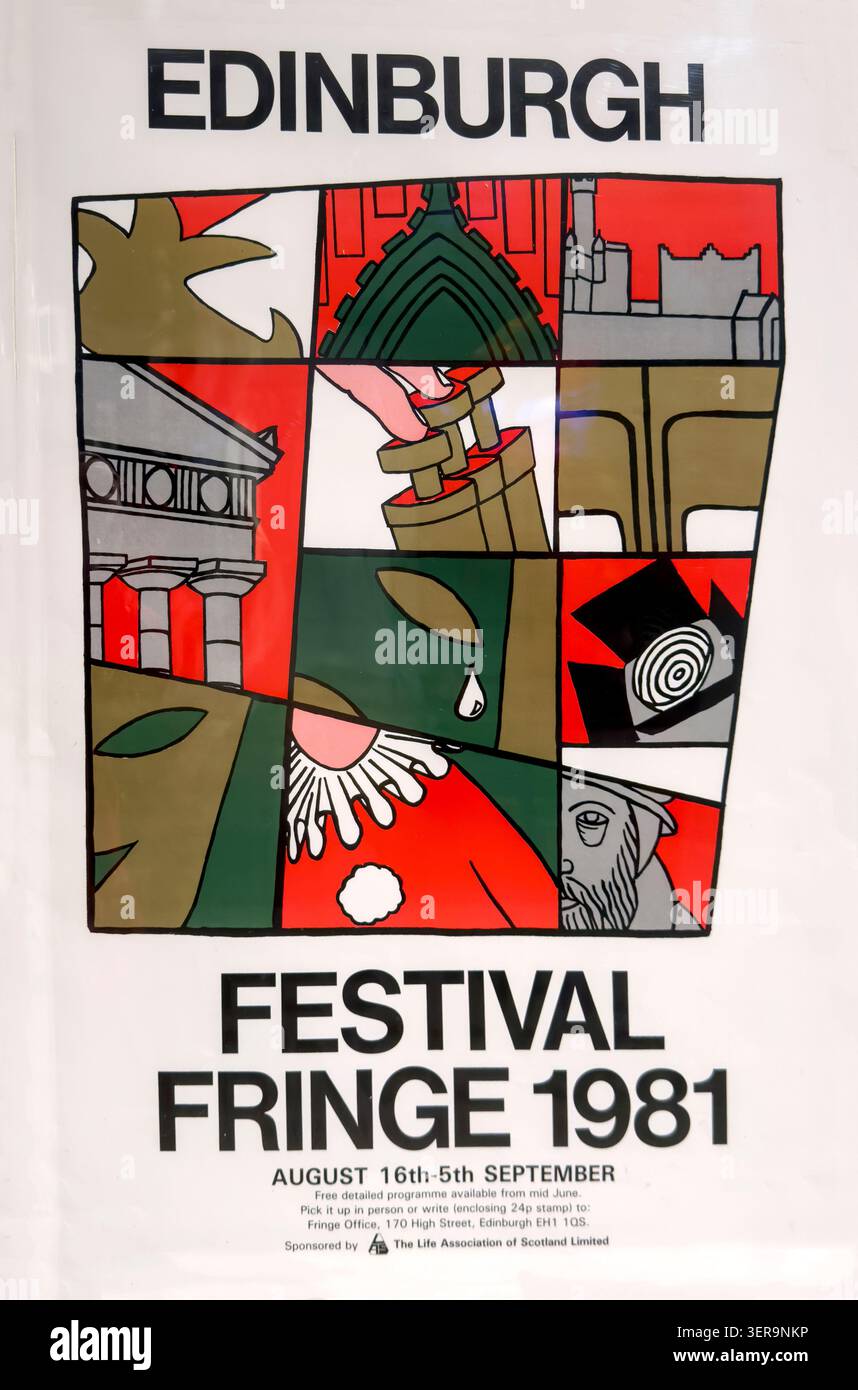 Vintage 1981 Edinburgh Fringe poster, featuring colourful artwork by school competition winner Lorna Hush. Comedy, arts, theatre August festival Stock Photo